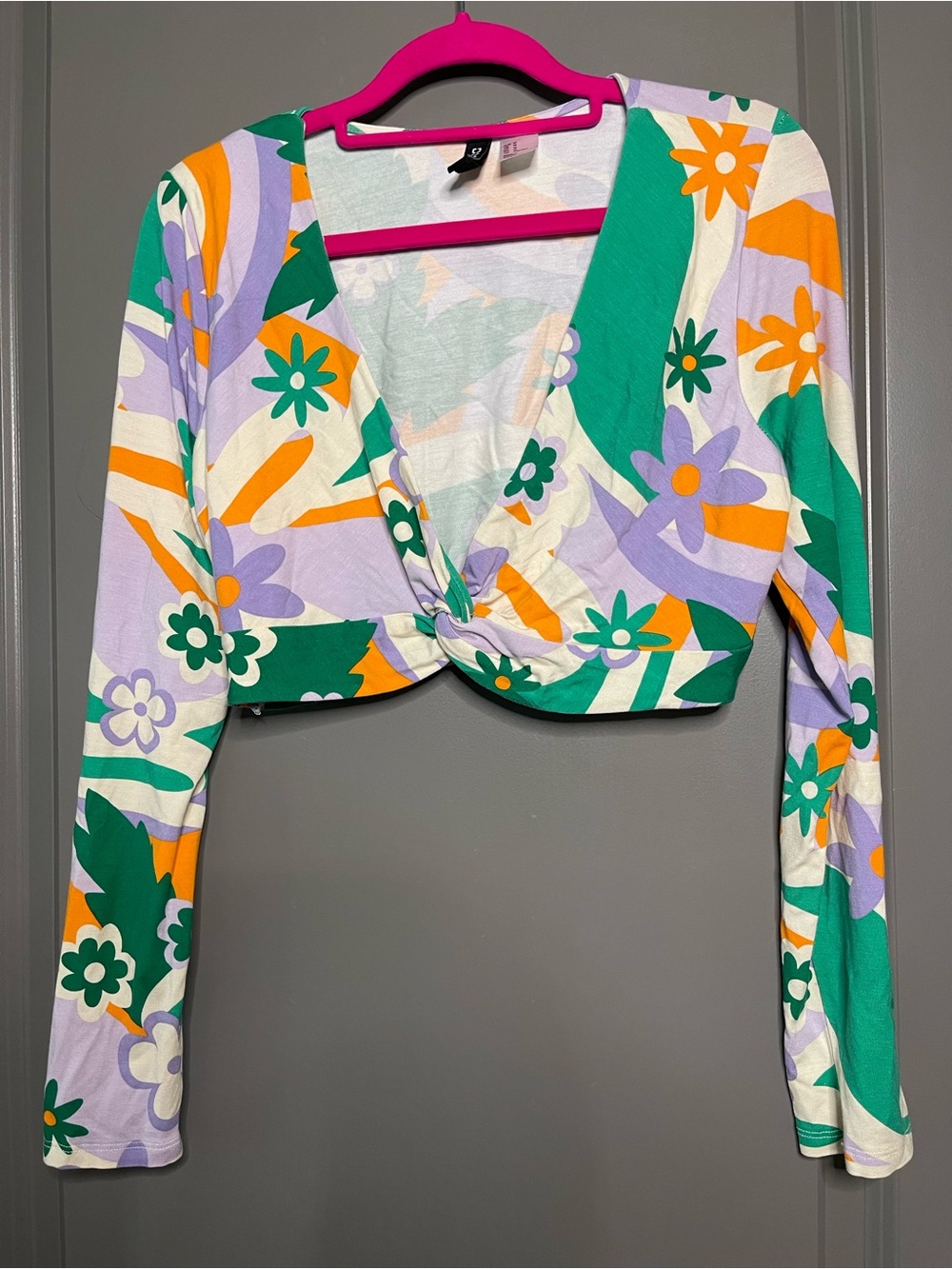 Divided Floral Twist-Front  Crop Top - Green/Lavender/Orange/White